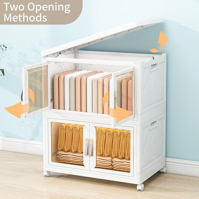 Large Clear Stackable Storage Bins with Lids, Foldable Storage Cabinet for Closet Organizers and Storage, Plastic Storage Box with Wheels 199 QT