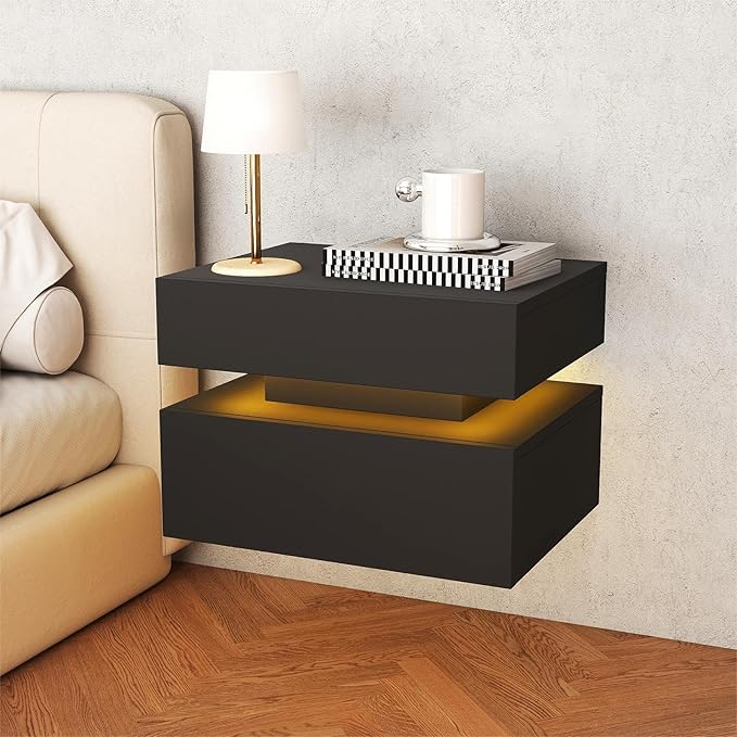 Floating Nightstand Set of 2,Modern Bedside Tables with LED Light for Bedroom,Small Night Stands with Drawers, Wall Mounted End SideTables Set for Living Room