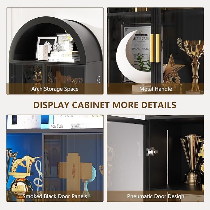 Arch Display Cabinet with Doors and Adjustable Shelves, 76" Tall Curio Cabinet with LED Lights/Storage Space, 6 Tier Display Case Bookcase for Collectibles Bedroom Living Room Office, Black