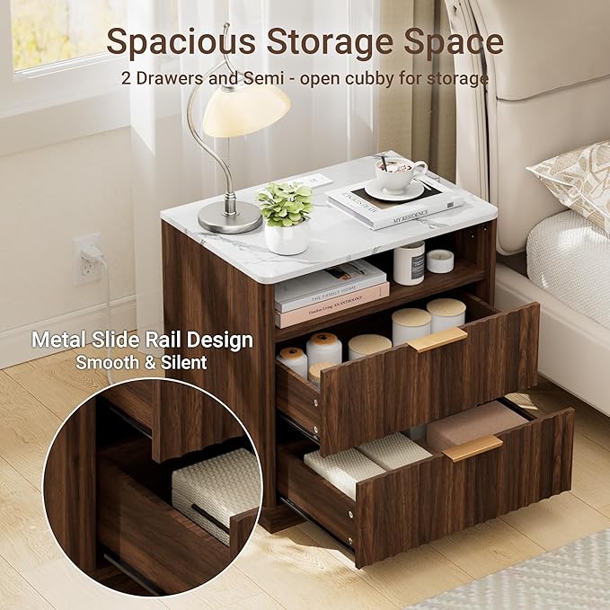 Large Fluted Night Stand with Charging Station, 23" Modern End Table with Faux Marble Top, 2 Drawers Nightstand with Storage, Side Table for Bedroom Living Room, Curved Profile (Walnut)