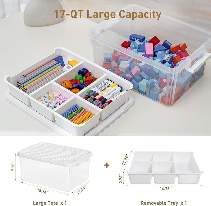 Citylife 17 QT Plastic Storage Box with Building Baseplate Lid and Removable Tray Craft Organizers and Storage Clear Storage Container for Organizing Bead, Tool, Sewing