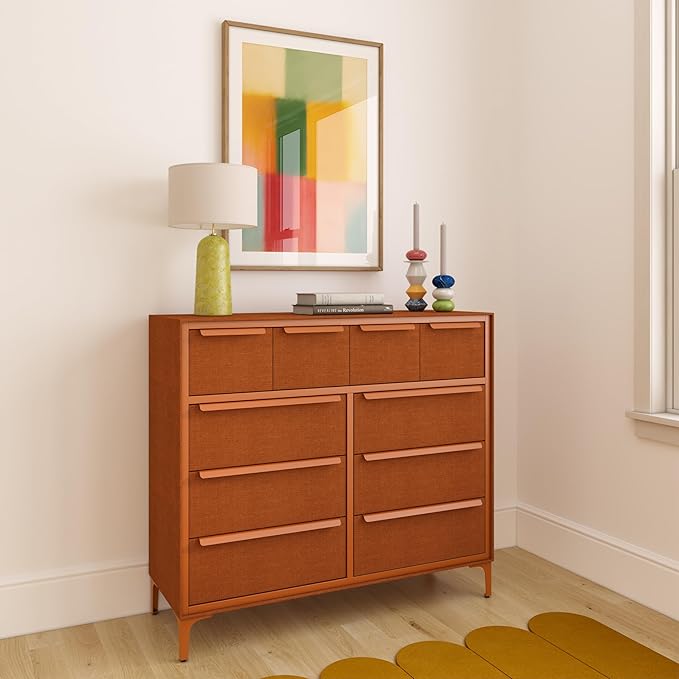 Naima Premium Fabric Dresser - Strong Metal Frame, 10 Spacious Sag-Proof Drawers with Sleek Metal Handles - Premium & Durable Storage Solution for Your Home (Orange)