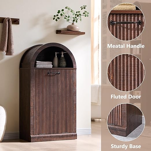 Arched Tilt-Out Trash Can Cabinet, Fluted 10 Gallon Trash Can Cabinet Set of 2, Modern Laundry Hamper, Hidden Garbage with Storage Basket for Kitchen, Living Room, Brown