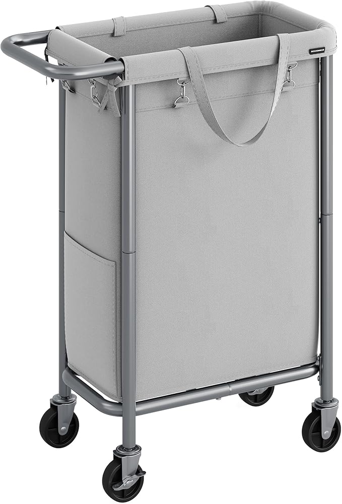 SONGMICS Laundry Basket with Wheels, Rolling Laundry Hamper, 23.8 Gallons (90 L), Removable Liner, Steel Frame with Handle, 24 x 11.4 x 31.9 Inches, Dove Gray URLS003G01