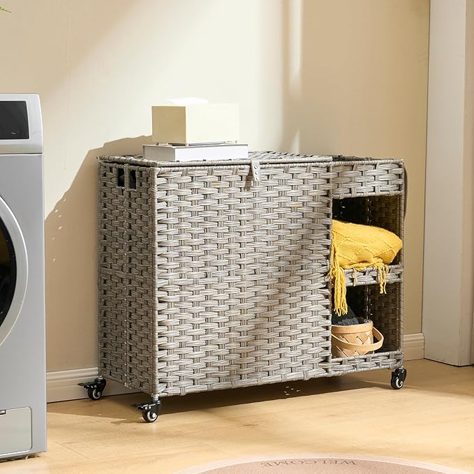 Laundry Hamper with Wheels, 42.3 Gal.(160 L) Laundry Sorter with Shelves, Rattan Clothes Hamper with 4 Removable Liners & 3 Mesh Bags, Handwoven Organizer for bedroom, bathroom, laundry room, Grey