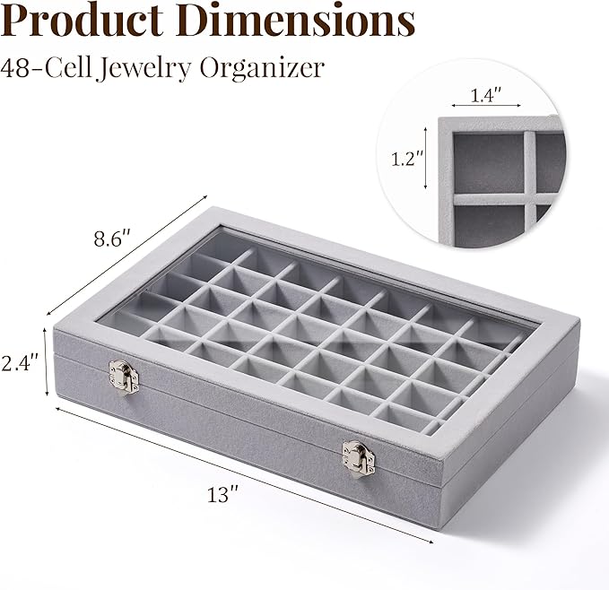 48 Grid Earring Organizer and Storage: Velvet Jewelry Tray with Lid, Jewelry Box for Studs, Earrings, Rings, Necklaces, Dresser & Vanity, Earrings Case Organizer for Girls, Women, Grey