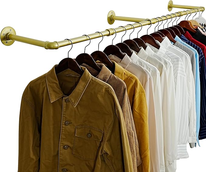 WEBI Industrial Pipe Clothing Rack,65" Wall Mounted Clothes Rack for Hanging Clothes,Heavy Duty Metal Garment Rack Bar Wall Mount Clothing Rod for Closet,Laundry Room,Gold