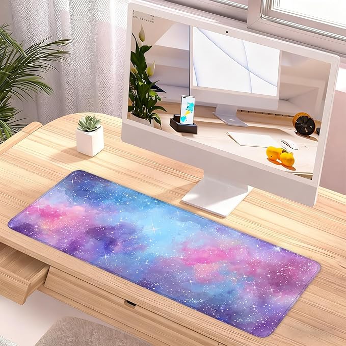 Galaxy Mouse Pad Large, Extended Gaming Desk Mat – 31.5 x 11.8 in – Watercolor Nebula Starry Sky Design, Stitched Edges, Non-Slip Base, Keyboard and Mouse Pad for Office & Home