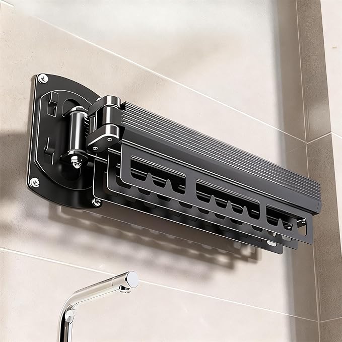Wall Mounted Drying Rack, 220LB Capacity Tri-Fold Aluminum Clothes Airer, 180° Swivel Space Saving Laundry Rack for Indoor Outdoor Use in Bathroom, Balcony, Kitchen (Black)