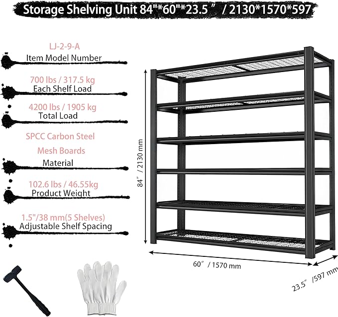 Standing Shelf Units Heavy Duty Storage Rack Industrial Wire Mesh Shelving Double Layer Support Floor Mount Black for Garage Warehouse Storage 84" H x 59.5" W x 23.5" D 6-Tier 4200LBS