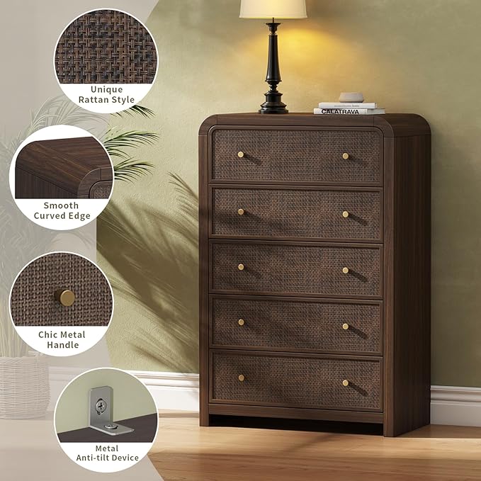 Oak&Sparrow 5 Drawer Tall Dresser for Bedroom, 47'' Rattan Dresser with Ample Storage, Boho Chest of Drawers, Thickened Curved Profile Design, Dark Walnut Dressers for Bedroom, Living Room