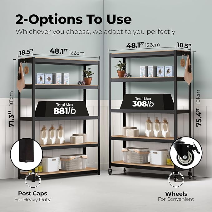 HOMEDANT House 5-Tier Metal Boltless Rolling Cart Shelf Rack Casters Heavy Duty Wheel Shelving Unit Adjustable Utility Storage Shelves Organizer Shelf Kitchen Garage 48.1" W x 18.5" D x 75.4" H 1Pack