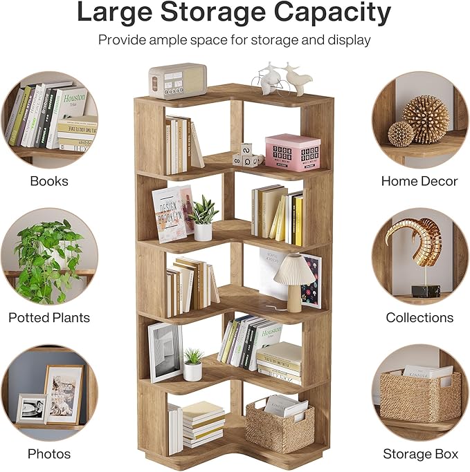 Tribesigns 6 Tier Corner Bookshelf, 64.9 Inches Tall L Shaped Bookcase with Anti-Drop Panel, Freestanding Wood Grain Shelf Display Rack Storage Organizer for Home Office (Light Brown)