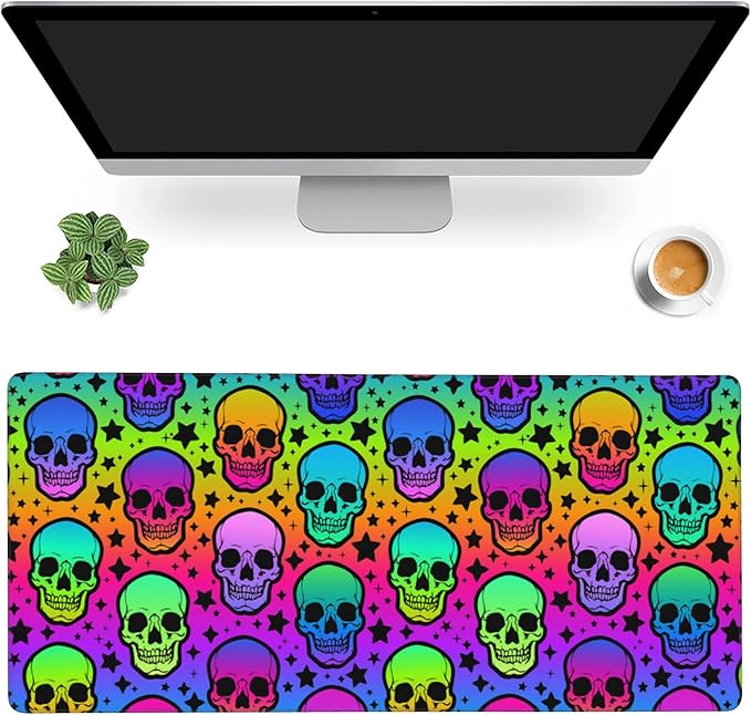 Desk Mat,Neon Skulls and Stars Extended Gaming Mouse Pad,Large Non-Slip Rubber Base Mousepad with Stitched Edges,Waterproof Mouse Mat Desk Pad for Office Game Home 35.4x15.75 in