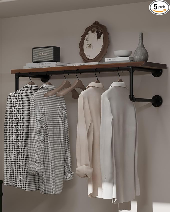 Clothes Rack 36in, Wall Mounted Garment Racks with Real Walnut Wood Shelves, Heavy Duty Hanging Clothes Rack, Multi-Purpose Hanging Rod, Space-Saving Closet Storage
