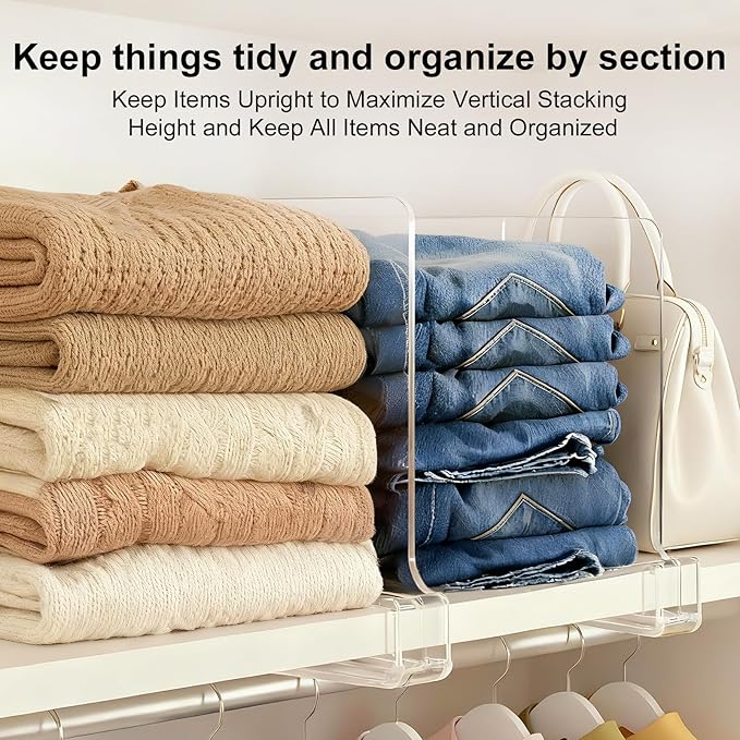 Purse Organizer for Closet Shelf Dividers: 6-Pack Adjustable Clear Acrylic Bag Storage Organizer for Handbags, Sweaters, Towels, Jeans and Shoes on Wood Shelves