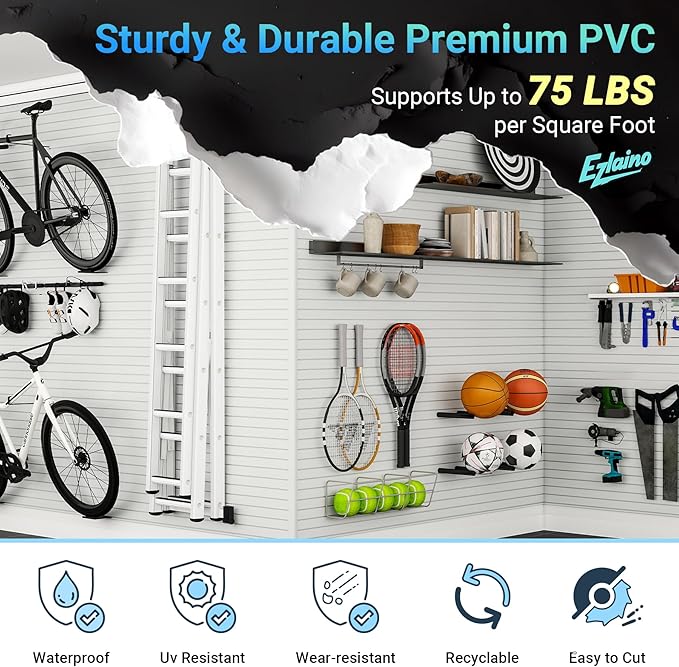 Ezlaino Slatwall Panel 4FT x 4FT, PVC Slat Wall Storage System, Waterproof, Durable& Easy to Install, Compatible with Most Hooks, Ideal for Garage Storage & Home Decoration, White