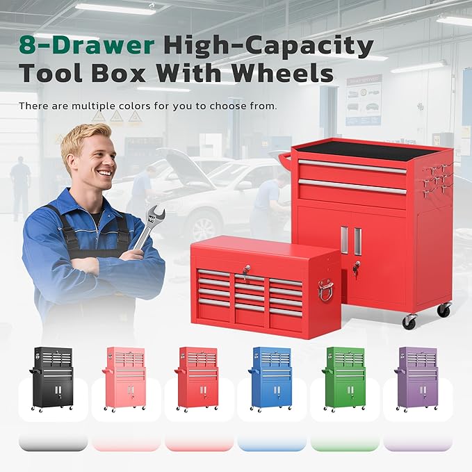 Greenvelly Tool Chest, 8-Drawer Rolling Tool Chest with Hooks and Lockable Wheels,Metal Storage Detachable Top Tool Box with Lockable Wheels for Garage,Workshop,Art Studio(Red)