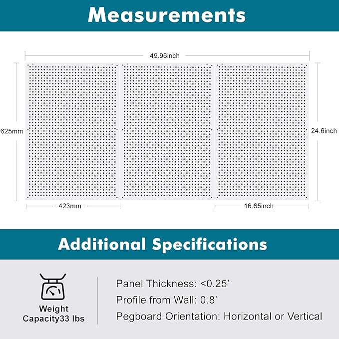 Pegboard Rack Garage Storage,Steel Pegboard Heavy Duty- 3 Pack 16-Inch X 24-Inch Metal Peg Board Tool Organization Panels (White)