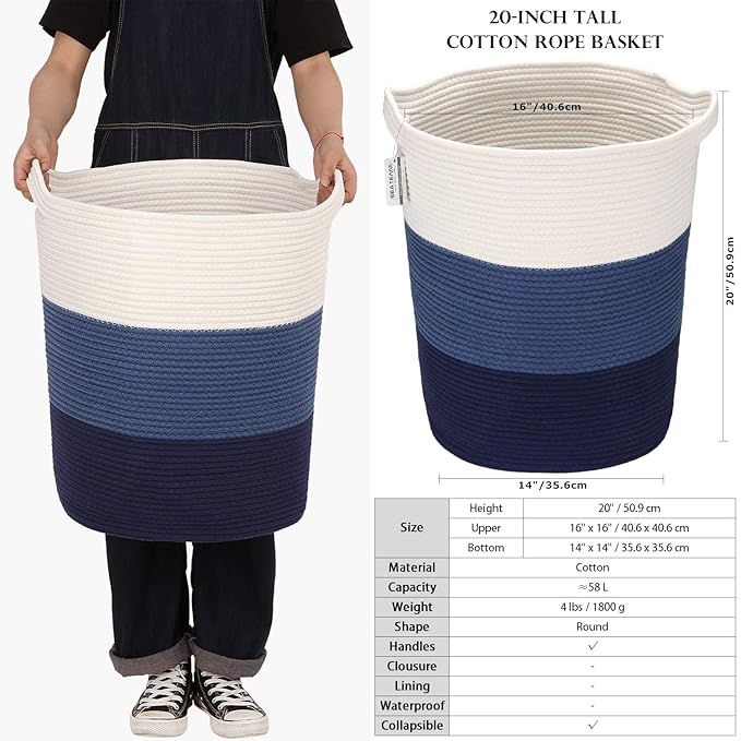 Sea Team Large Size Cotton Rope Woven Storage Basket with Handles, Laundry Hamper, Fabric Bucket, Drum, Clothes Toys Organizer for Kid's Room, 20 x 14 inches, Round Open Design, White & Navy
