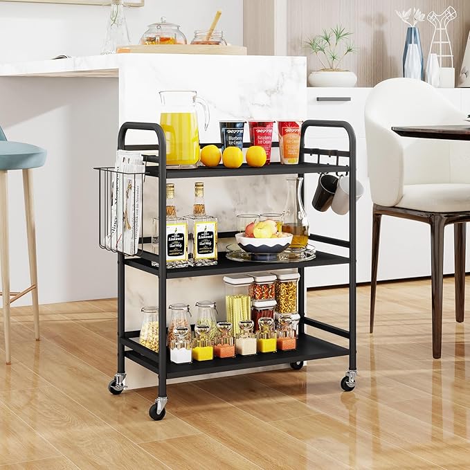 HDANI 3 Tier Metal Rolling Utility Cart,High Capacity Multi Purpose Heavy Duty Cart for Office,Kitchen,Living Room,Bedroom,Black
