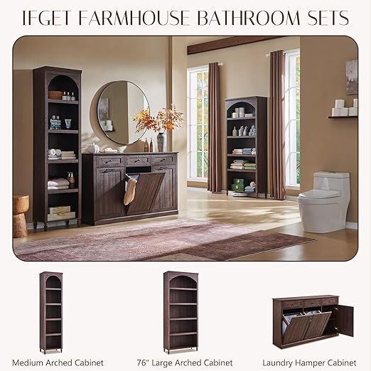 Triple Tilt Out Trash Can Cabinet, 20 Gallon Farmhouse Laundry Hamper Cabinet w/3 Drawers & Adjustable Shelf, Hidden Wooden Trash Can Cabinets with Storage Basket for Kitchen (Brown)