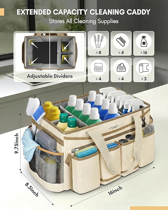 Ytonet Cleaning Caddy Bag with Detachable Apron, Extra Large Cleaning Supplies Organizer with Foldable Dividers, Portable Cleaner Tote with Handle, Cleaner Caddy for Kitchen, Detailing Bag, Apricot