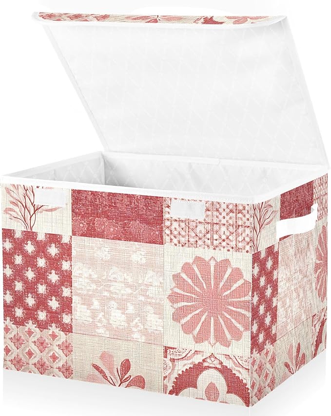 Storage Bin with Lid, Linen Textures Flower Large Collapsible Storage Box 300D Oxford Fabric Flip Lid Storage Box for Bedroom Shelves Closet Home Office