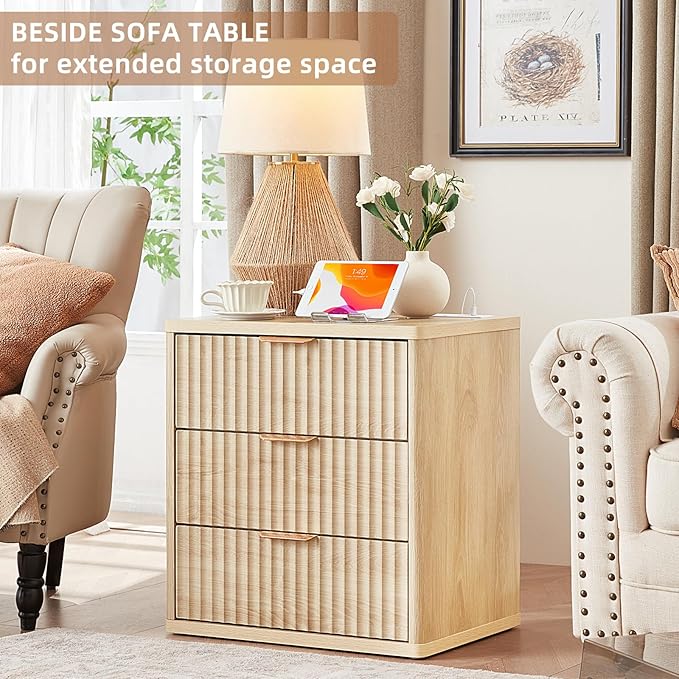 LEYAOYAO Fluted Nightstand with Charging Station, 23" Modern Night Stand with Woodgrain Top, 3 Drawers End Table w/Storage, Bedside Tables for Bedroom, Living Room, Curved Profile Design,Wood