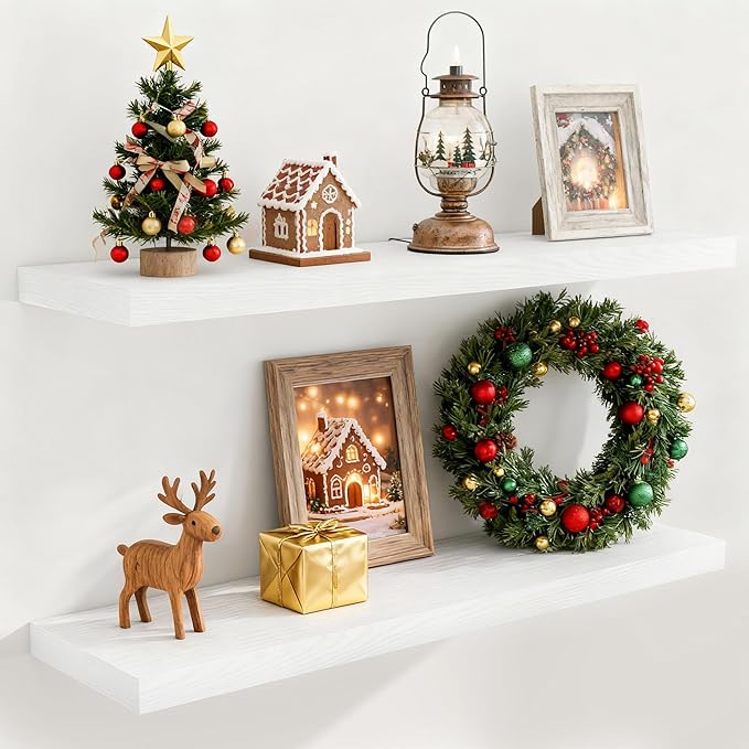 Fun Memories 40 Inch Floating Shelves White, 40" W x 9.3" D Floating Shelf Set of 2, Farmhouse Wood Wall Shelves for Bedroom, Kitchen, Wall Mounted Deep Shelving for Home Decor