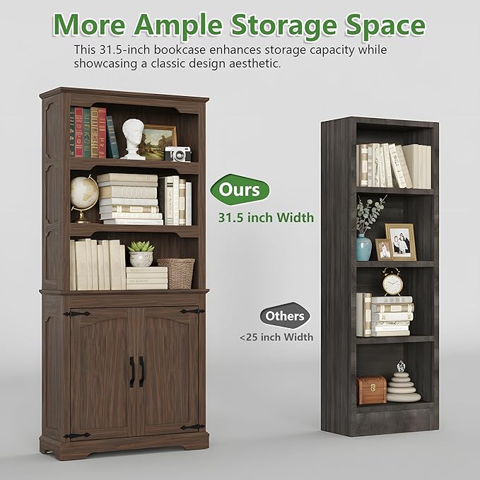 70 Inch Farmhouse Bookcase, Walnut Two-Tone Shelves, 5 Tier Bookshelf with Arched Trim Doors, Living Room Storage Cabinet Unit, 31.5x11.8 Inches (Walnut, Doors Storage)