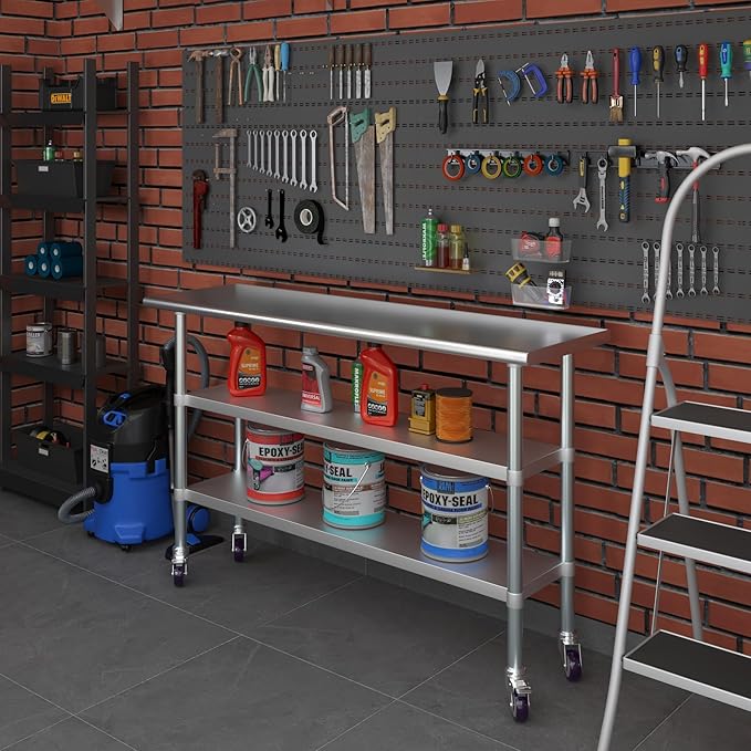 AmGood Stainless Steel Work Table with 2 Shelves and Casters | Metal Utility Table On Wheels (Stainless Steel Work Table with 2 Shelves + Casters, 60" Long x 18" Deep)