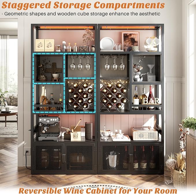 82.6" Tall Bar Cabinet with Power Outlets, 6-Tiers Reversible Wine Cabinet with LED Lights, Glass Holder & Wine Rack, Liquor Storage Cabinet Coffee Bar Unit Station for Dining Living Room, Grey Oak