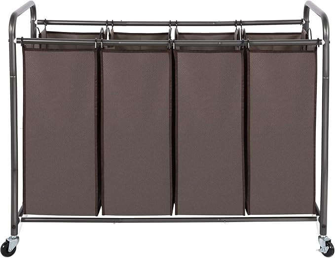 STO STO Laundry Sorter 4 Section, 4 Bag Laundry Hamper, Rolling Laundry Cart, Laundry Basket with Heavy Duty Lockable Wheels and Removable Bag for Clothes Storage, Brown