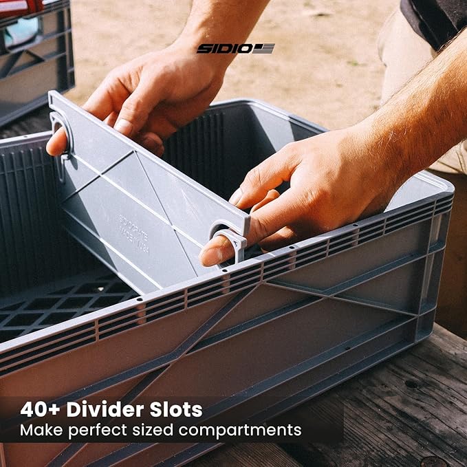 SIDIO Quarter Crate 4 Pack of Stackable Storage Bins - Organizer Bins with Dividers for Garage Organization, Home Storage - Heavy Duty Plastic Containers - 19.16” x 12.75”x 4.57” (Utility)