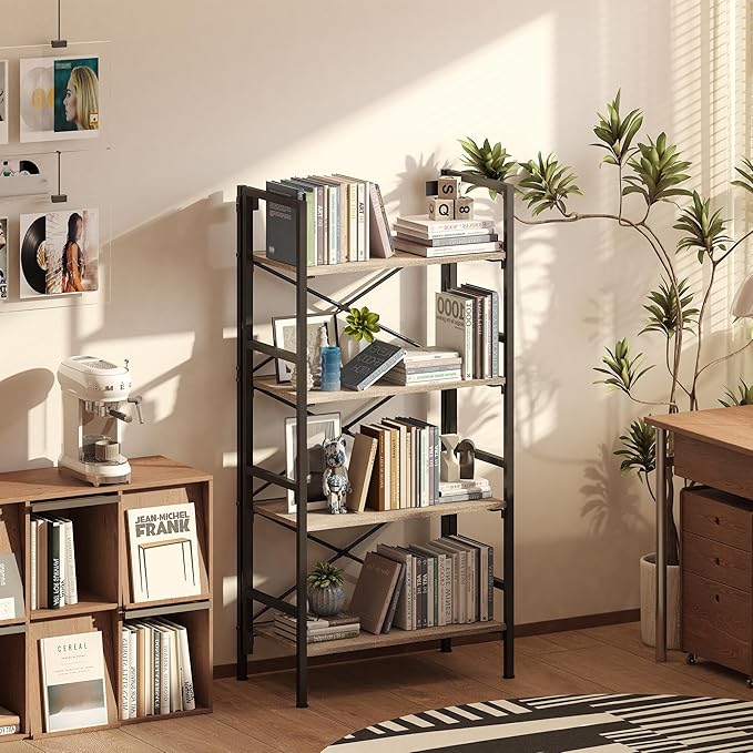 Homeiju Folding Bookshelf,4 Tier Bookcase Foldable Shelf with X-Bracket Design, Adjustable Feet, Space Saving Storage for Living Room, Office, Brownish