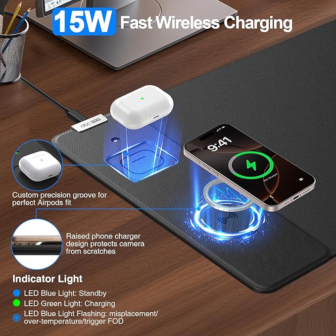 Magnetic Wireless Charging Mouse Pad, 27.5"x11.8" Gaming Desk Mat for Keyboard/Laptop, Non-Slip Base & 20W PD Adapter, Waterproof Smooth Desk Writing Pad for Gamer, Office & Home, Black