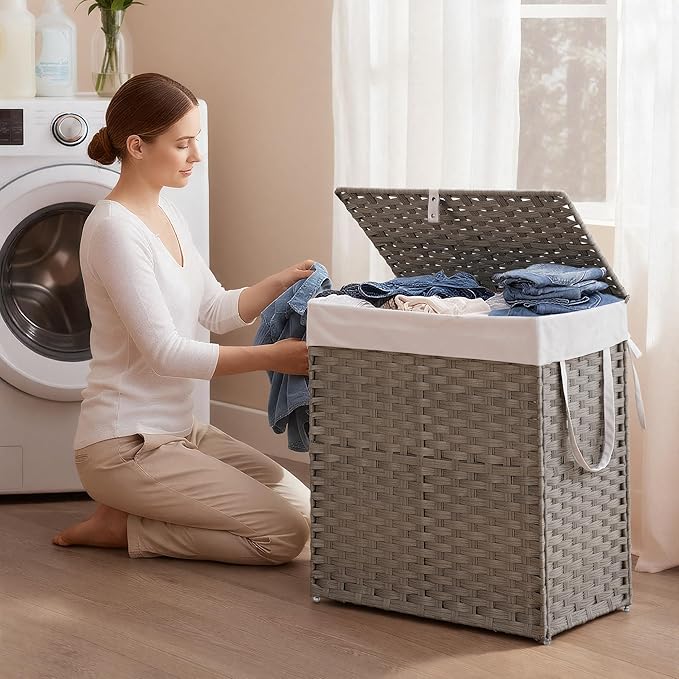 Woven Laundry Basket with Lid, Large Hamper with Removable and Machine-Washable Liner, Foldable Rattan Clothes Hamper, Sturdy Steel Frame, Odor Control, 110L Capacity, Dove Gray