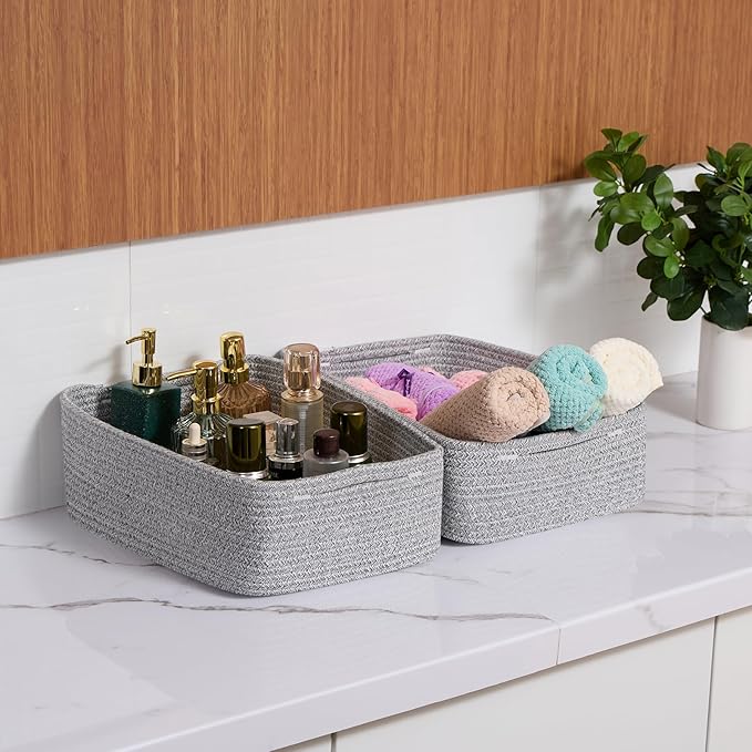 Large Shallow Organizing Baskets 15x11x5.1 Inches - Rope Woven Storage Bins for Bathroom, Shelves, Cube Closet, Mixed Grey 4 Packs