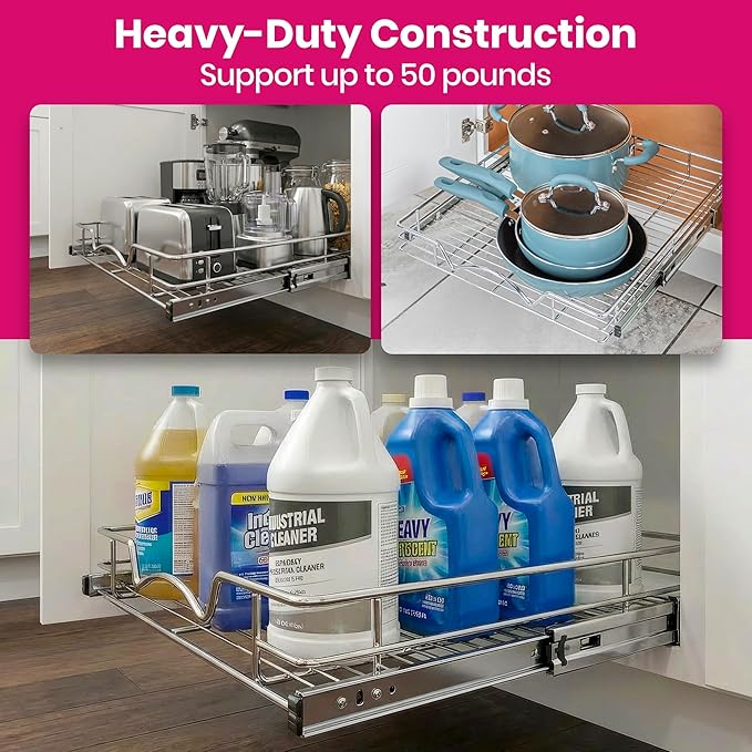 HOLDN’ STORAGE Pull Out Cabinet Organizer, Heavy Duty Caddy w/Lifetime Limited Warranty -24”W x 21”D - Requires At Least 25-1/4” Cabinet Opening, Steel Metal Cabinet Drawers Slide Out, Chrome