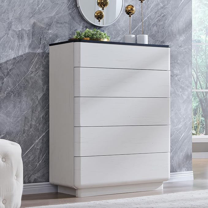 ACCOHOHO Modern 5 Drawer Dresser for Bedroom, 42" Tall Wooden Dressers with Large Storage,Handleless Chest of Drawers for Living Room & Hallway, Curved Profile Design, White