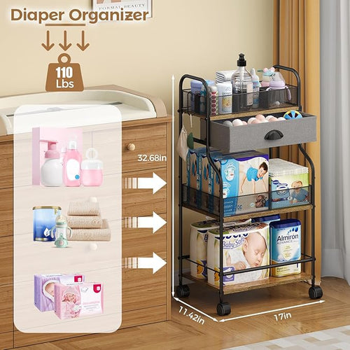 3-Tier Baby Diaper Caddy Cart Organizer with Drawer,Rolling Utility Cart & Bedside Nursery Essentials Cart for Newborn Baby Stuff, 2+1 Dividers, Baby Storage Organizer for Bedroom,Changing Table,Grib