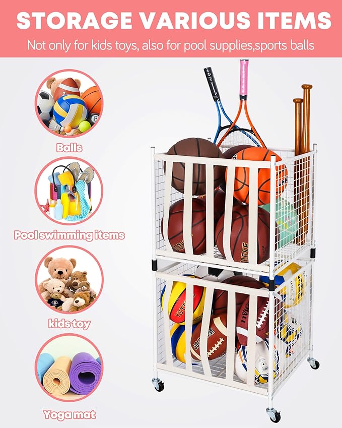 Mythinglogic Rolling Sports Ball Storage Cart, Sports Lockable Ball Storage Locker with Elastic Straps, Stackable Ball Cage for Garage Storage Garage Organizer