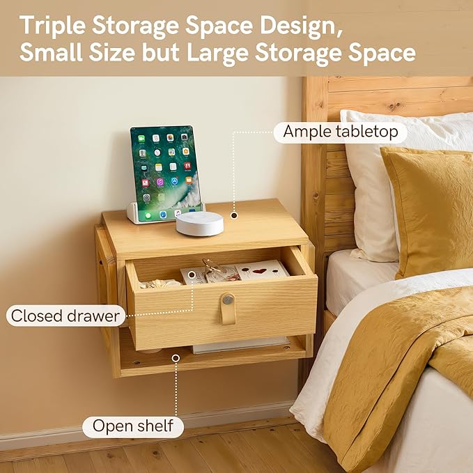 Afuly Floating Nightstand with LED Light Strips, Modern Night Stand with Drawer Wall Mounted Bedside End Table, Wood Nightstand Side Table Shelf for Bedroom Natural Wooden Decor