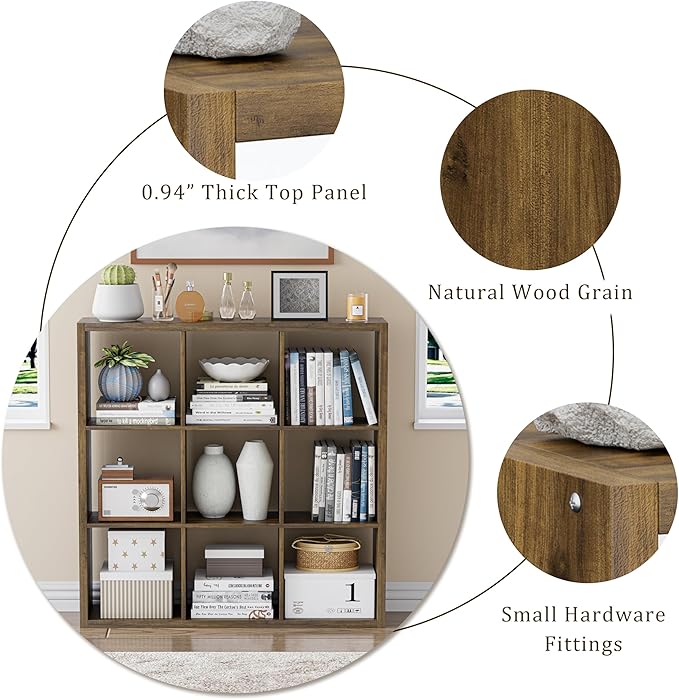 Cube Storage Organizer Bookcase, Decorative 11 inch Open Back Cubical Shelf with Thickened Border, Display Bookshelf for Living Room, Home Office, Sturdy Room (Brown, 9 Cube)