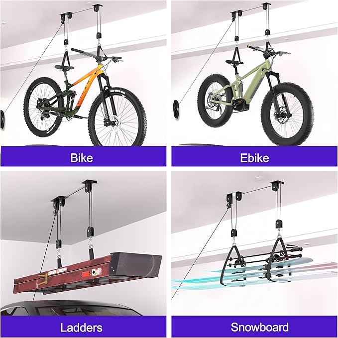 2 Pack Bike Hoist, Heavy Duty Ebike Lift Pulley System for Garage Ceiling Overhead Storage for Bicycle, Ladders, Snowboard, Holds Up to 85 lbs Capacity, Fit 10-16 Foot High Ceilings