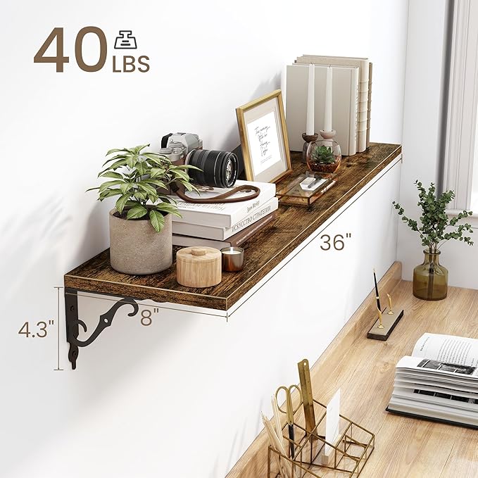 Fun Memories 36 Inches Floating Shelves, Rustic Long Wall Shelves, 8 Inch Deep Book Shelf Wall Mounted, Wide Display & Storage Shelves for Living Room, Bathroom, Bedroom, Rustic Brown, Set of 2