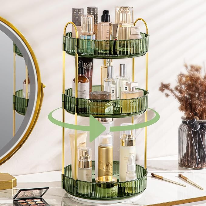 360 Rotating Makeup Organizer for Vanity, Bathroom Countertop Spinning Perfume Organizer, High-Capacity Cosmetic and Skincare Dresser Make Up Holder Rack (3 Tiers, Green)