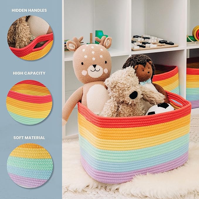 OrganiHaus Set of 3 Rainbow Woven Storage Baskets for Shelves, Decorative Organizer Bins for Kids Room, Nursery & Classroom, Colorful Toy Storage Basket for Playroom Decor – 15x9x10 inches