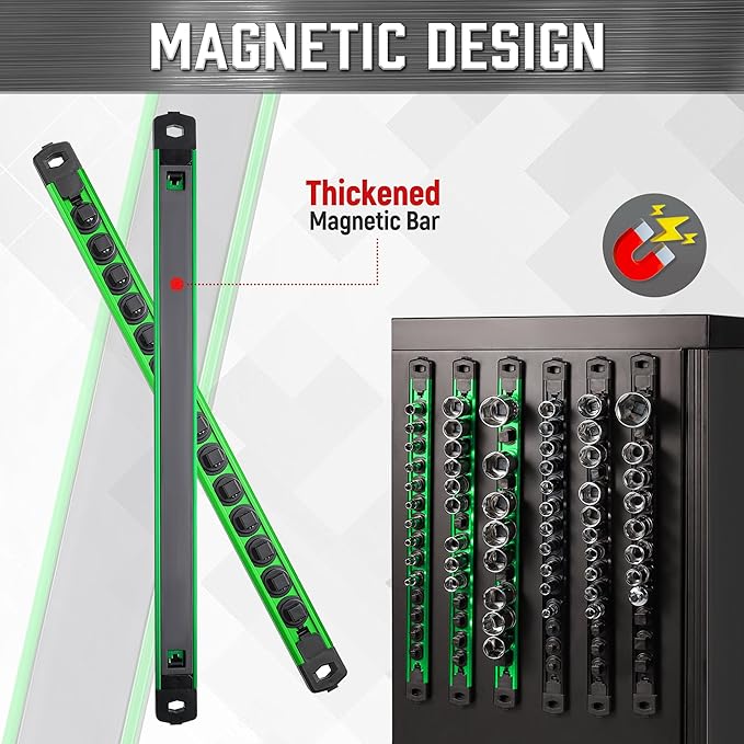 ALOANES 6-Piece Magnetic Socket Organizer, Heavy Duty Aluminum Socket Rails Organizer, 360° Swivel Clips Socket Holder Kit for Tool Box, 1/2, 3/8, 1/4-Inch Socket Holder x 80 Clips (Green&Blue)